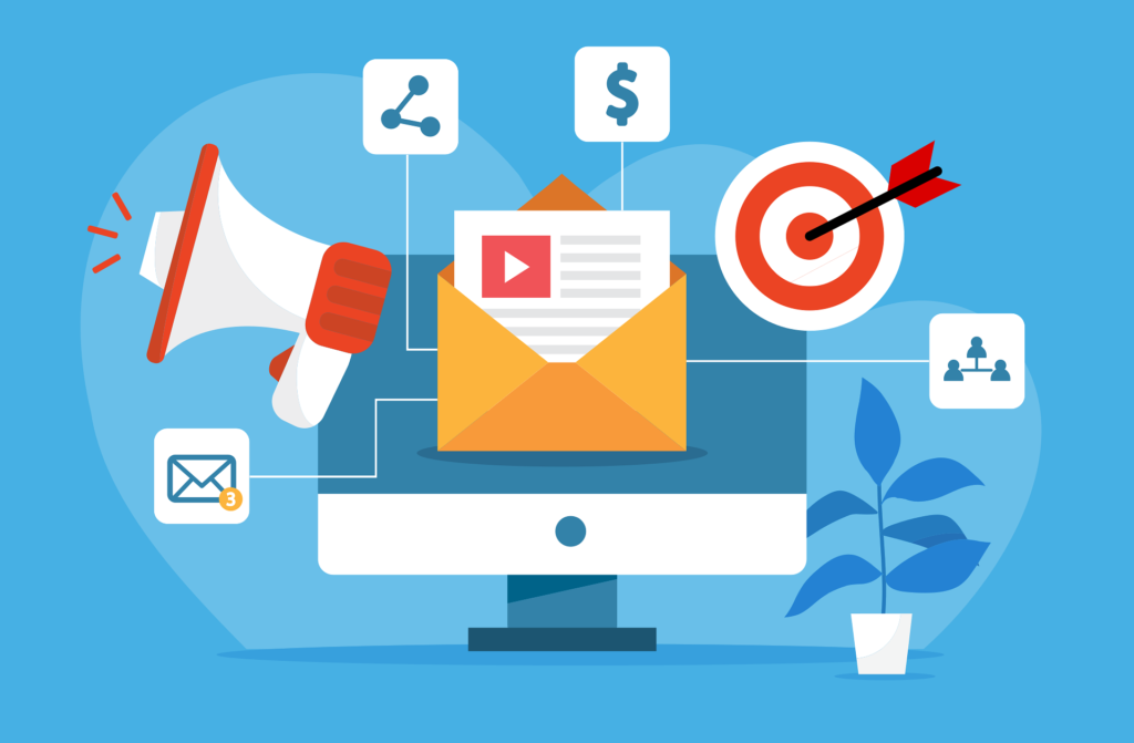 Email campaign with icons of targeting and sharing