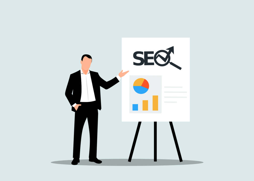 Man Presenting SEO strategy on a chart board